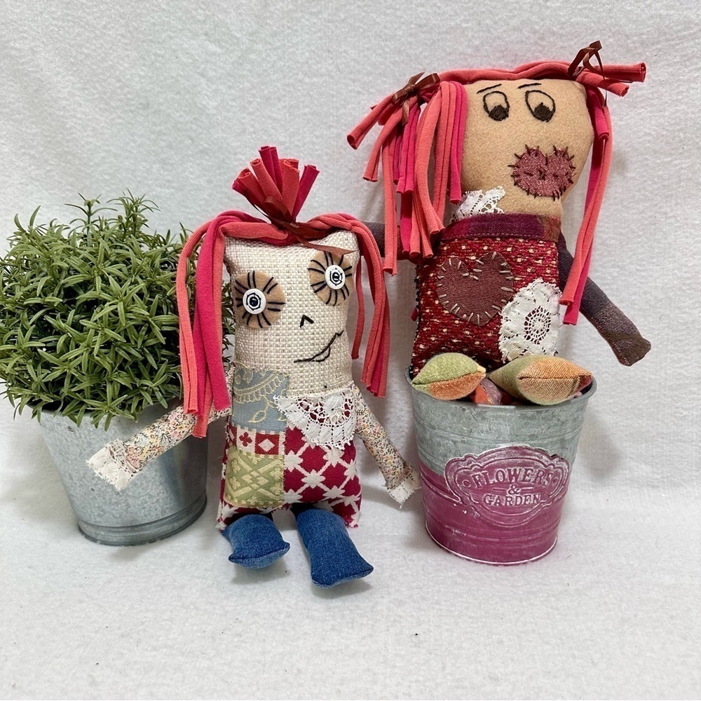 Up cycled fabric friends, Sadie & Sally Scrappy handmade dolls BFF gifts OOAK